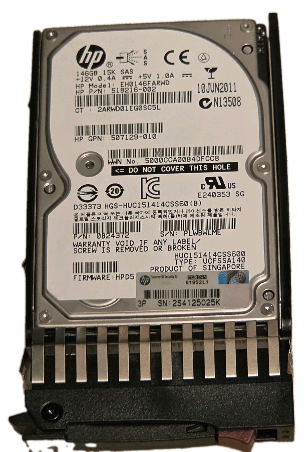 HP 146GB 15K RPM  64MB Cache  518216-002 EH0146FARWD 6 Gb/s SAS 2.5" HDD w Caddy