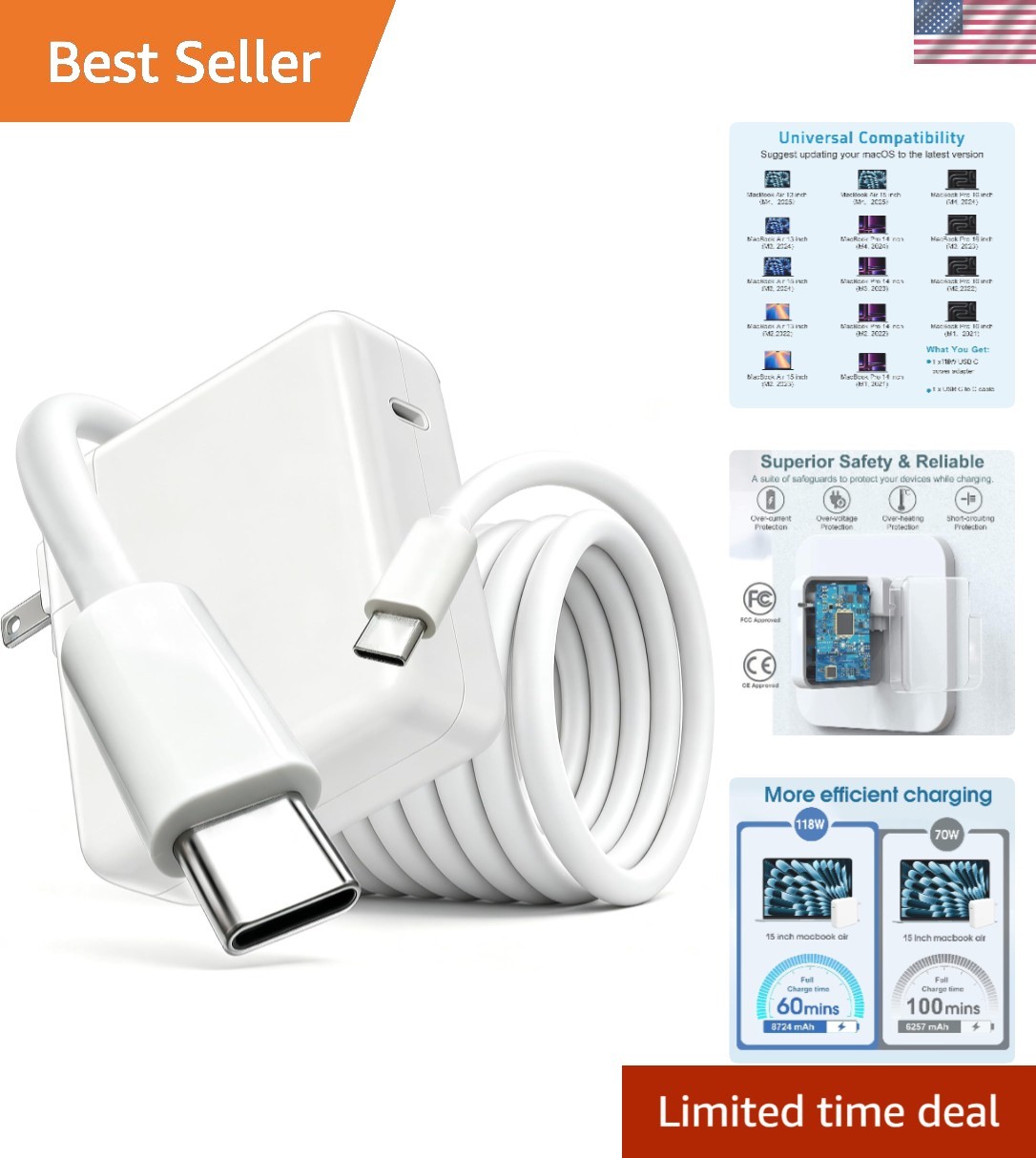 Fast Charging 118W USB-C Adapter for MacBook Pro/Air, Durable 6.6ft Cable