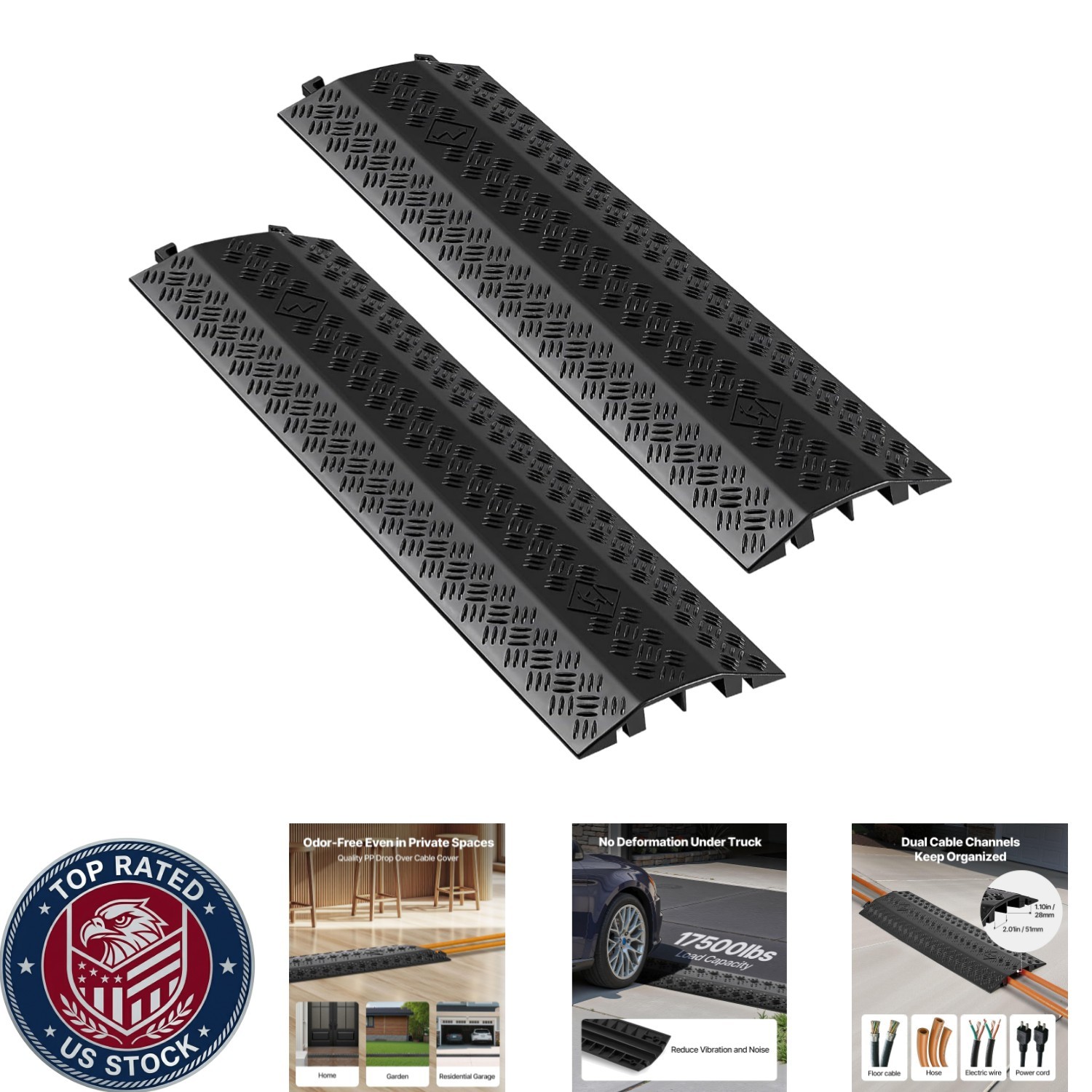 Odor-Free 2 Channel Cable Protector - 17,500 lbs Capacity for All Environments