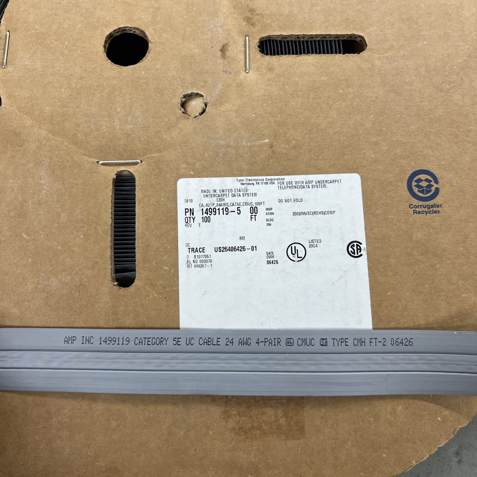 Tyco Cat 5e Flat Wire Under Carpet Cable 50ft Commscope Amp