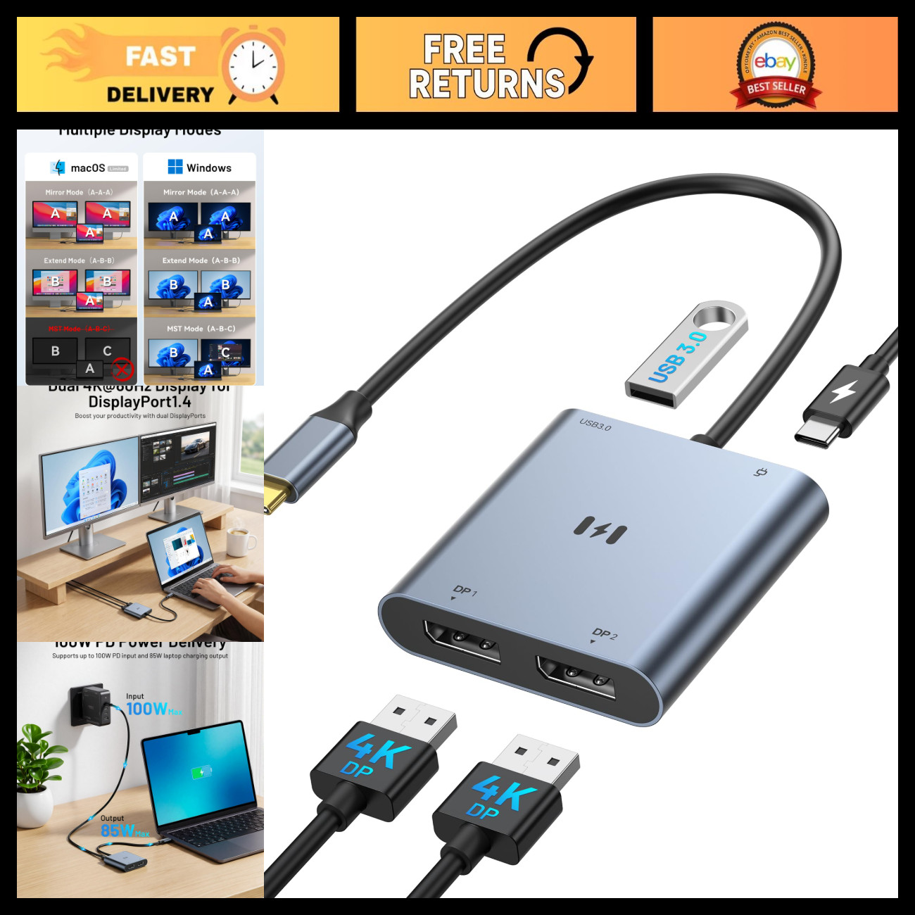 USB C to Dual DisplayPort Adapter, Dual Monitor Hub for Laptops, 4K Support