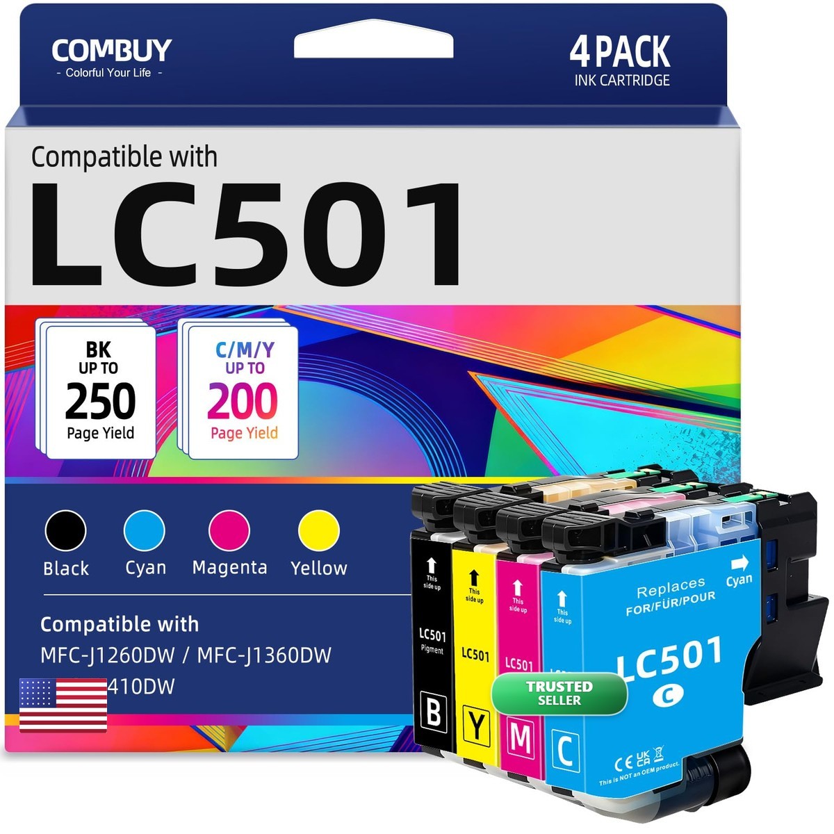COMBUY LC501 Ink Cartridges 4-Pack Compatible for Brother MFC-J1360DW