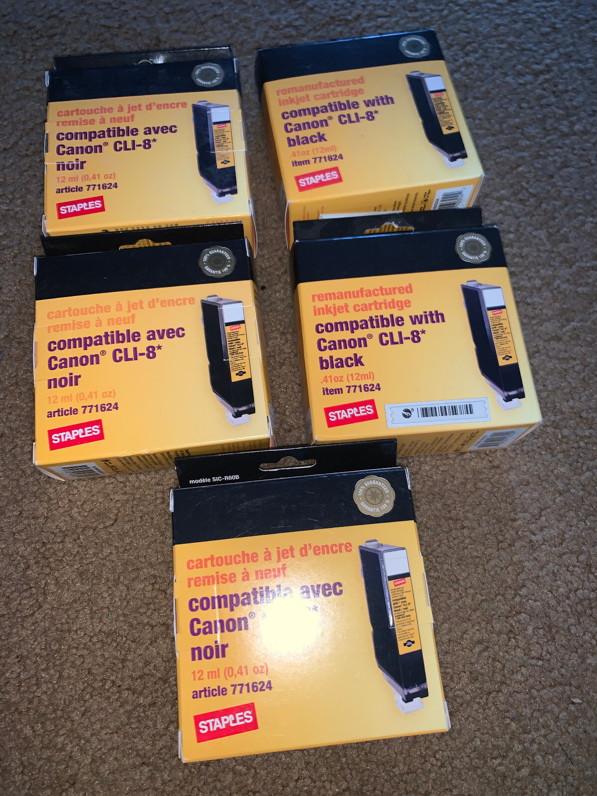 LOT OF 5 BOXES ~ Staples for Canon CLI=8 BLACK  Ink US Cartridge  #771624