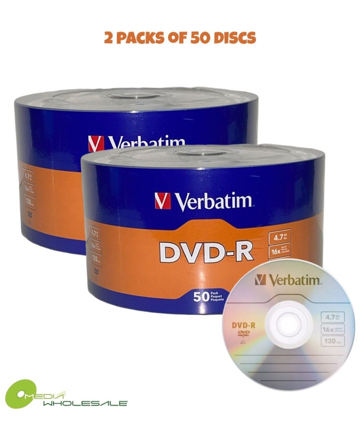 100 VERBATIM Blank 16X DVD-R DVDR Branded Logo 4.7GB Recordable Media Disc