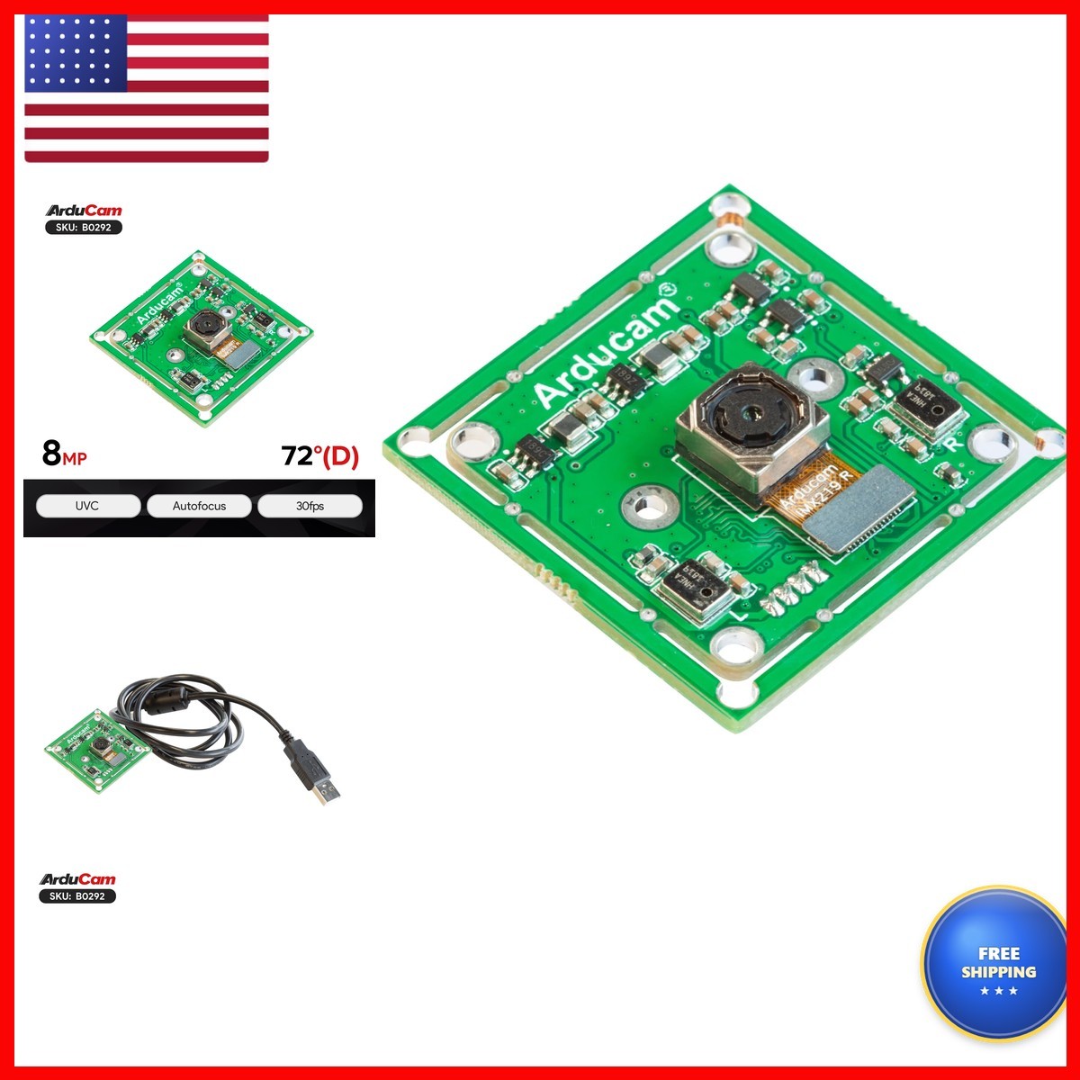 Arducam 4K 8MP IMX219 Autofocus USB Camera Module Microphone, 1080P Mini UVC