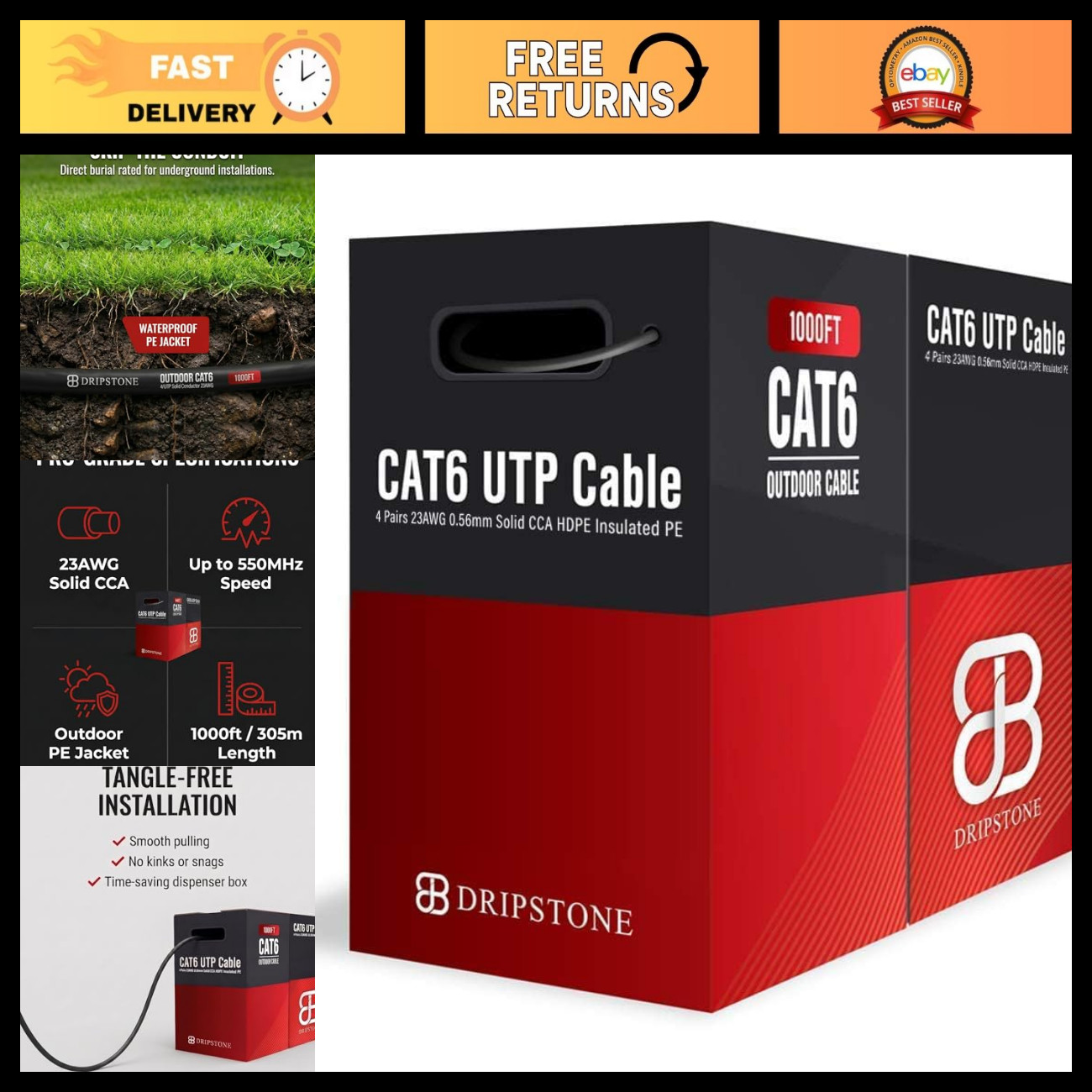 1000ft CAT6 Direct Burial Ethernet Cable 23AWG Solid CCA Waterproof Outdoor Use