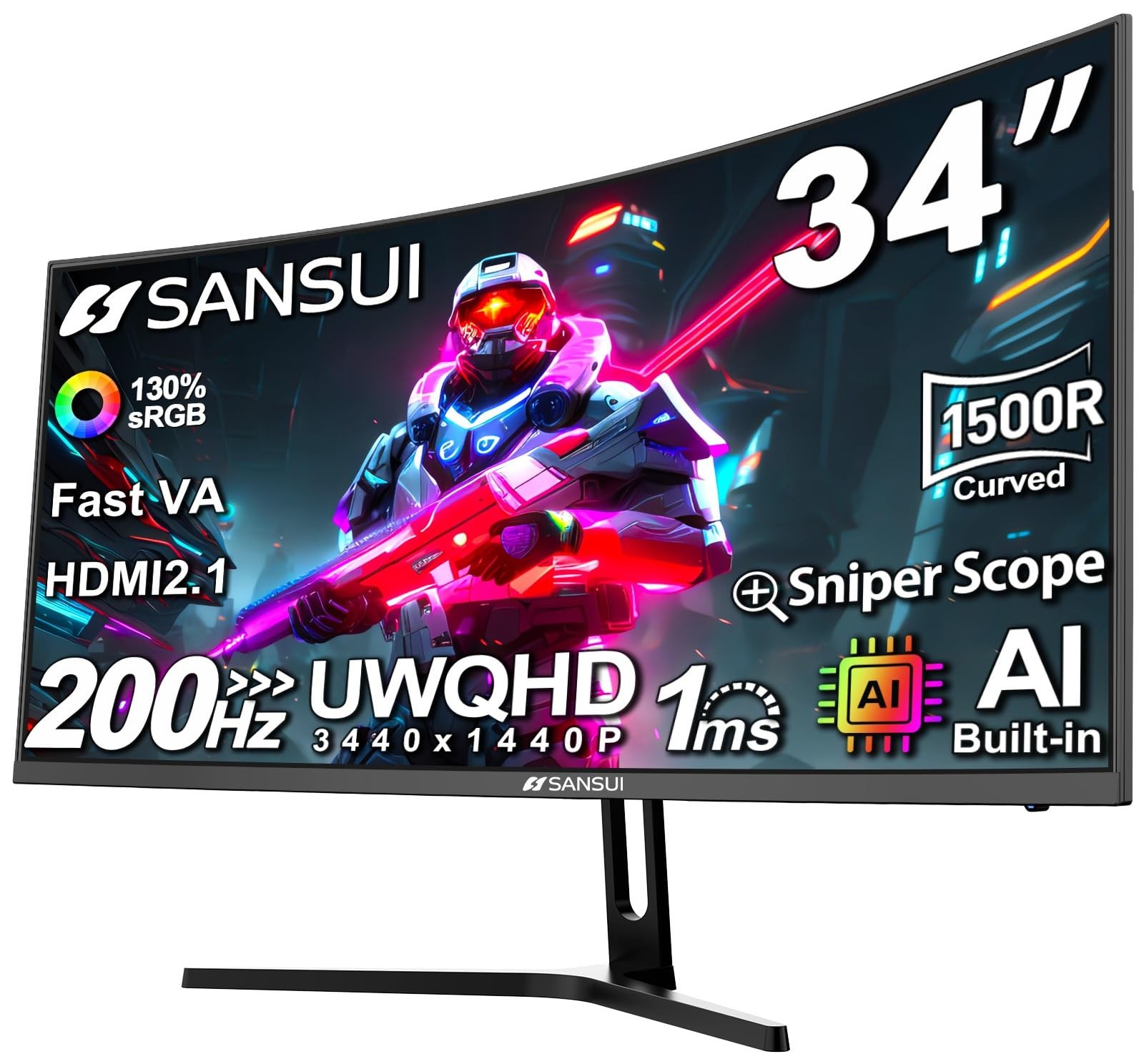 SANSUI 34-Inch Curved Gaming Monitor UWQHD 3440 x 1440P 200Hz Ultrawide