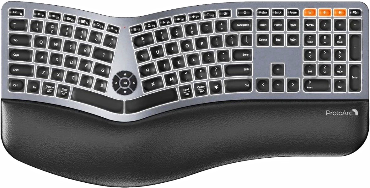 ProtoArc EK01 Plus Wireless Ergonomic Keyboard w/ Wrist Rest, Gray, Backlit
