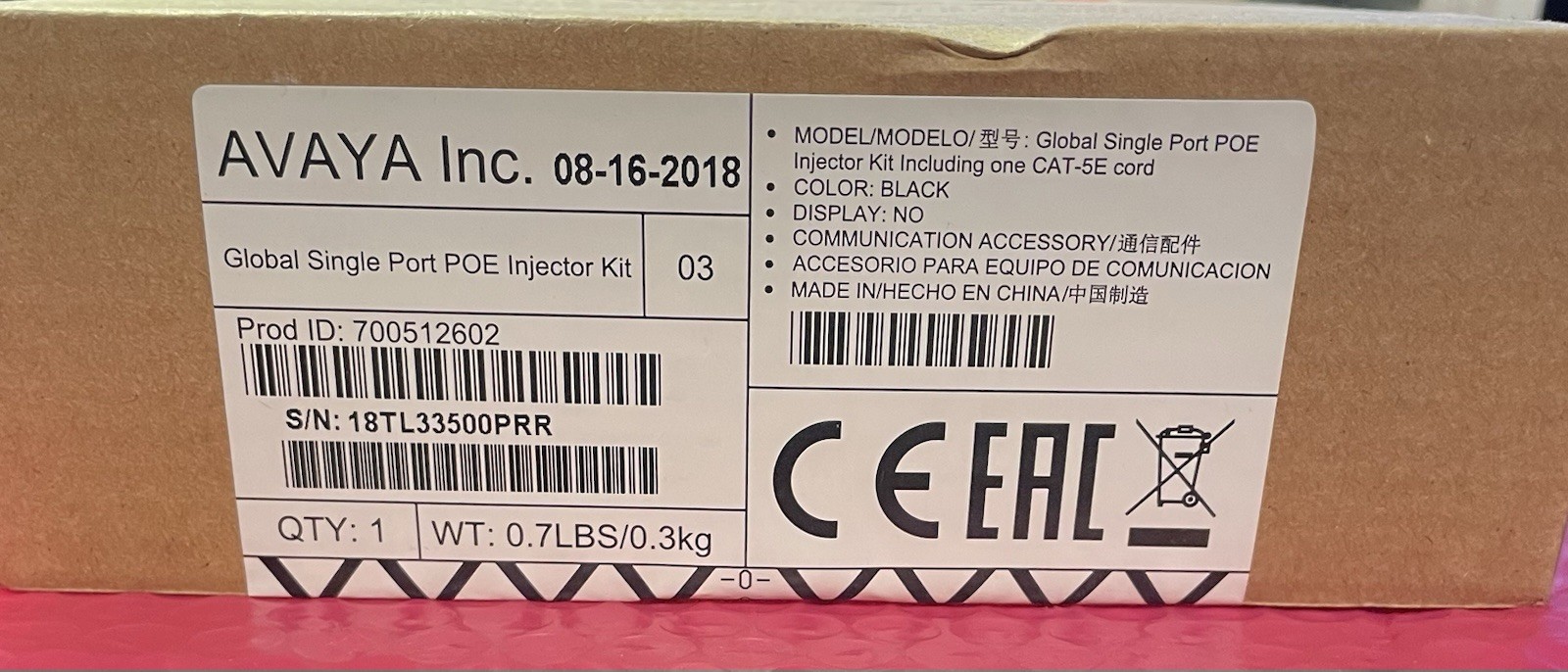 AVAYA - Global Single Port POE Injector Adapter - 700512602