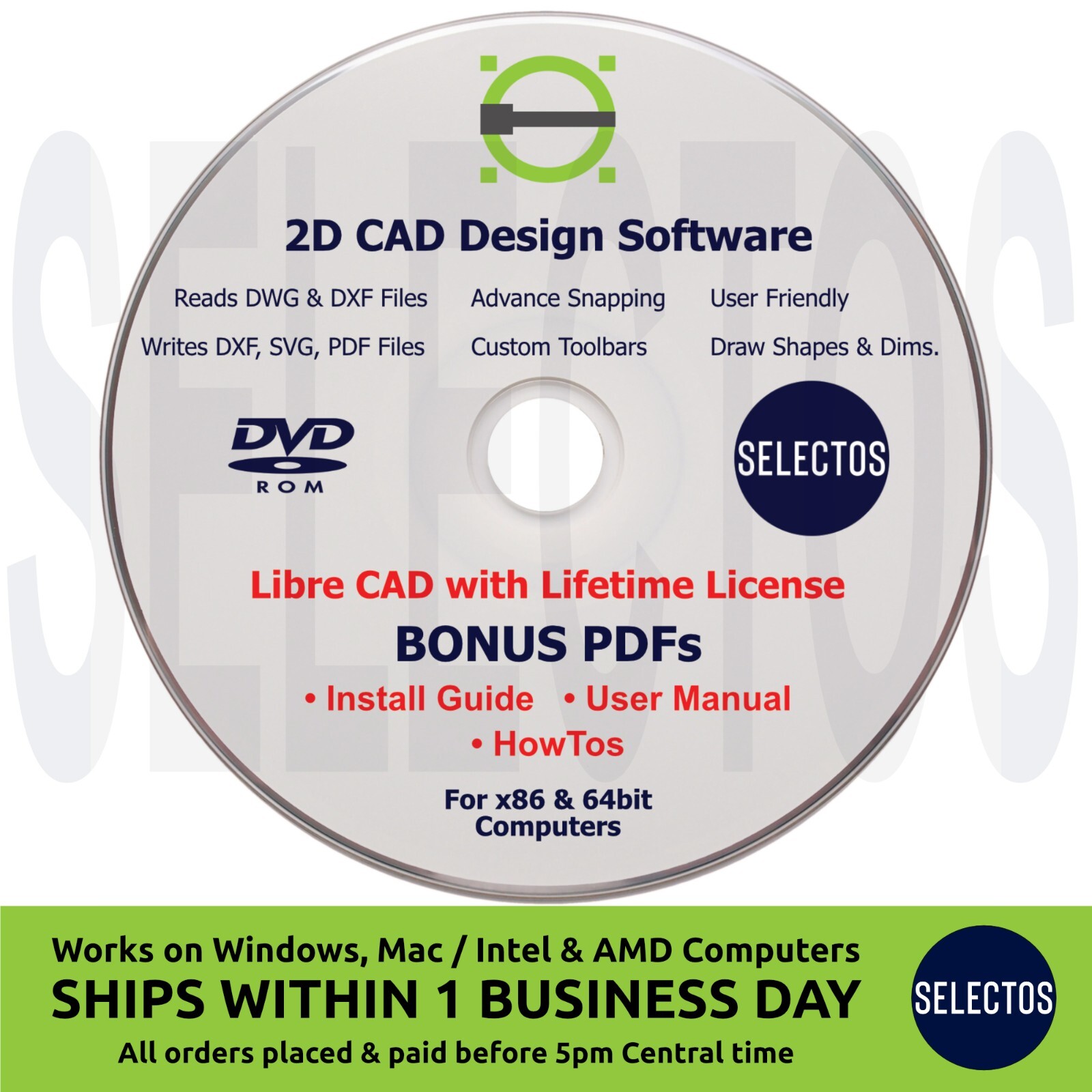 2026 Libre CAD 2D Design Software CD for Windows & Mac + PDFs Install, Manual