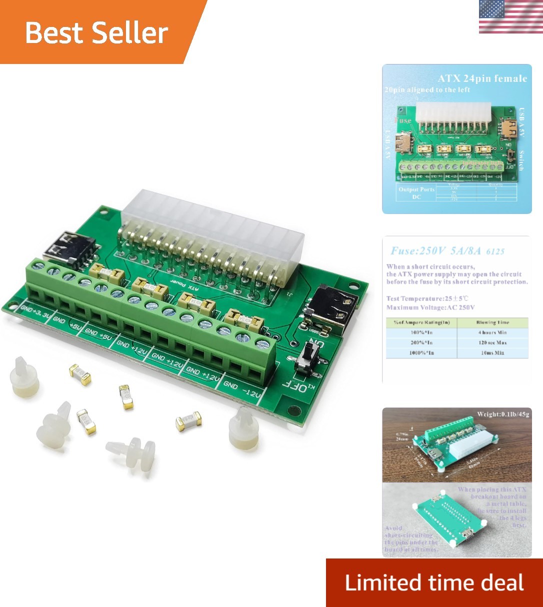 PSU ATX Breakout Board Benchtop 12V 5V 3.3V DIY Power Splitter with Fuses