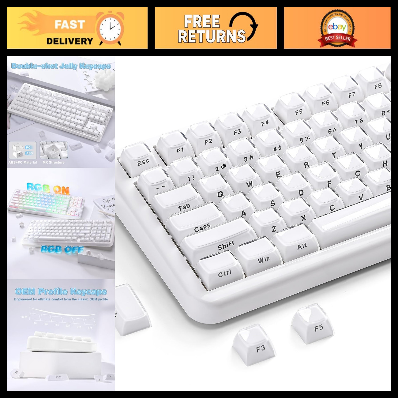 113 Keys OEM PBT Laser-Etched Keycaps - White, Custom Mechanical Keyboard Upgrad