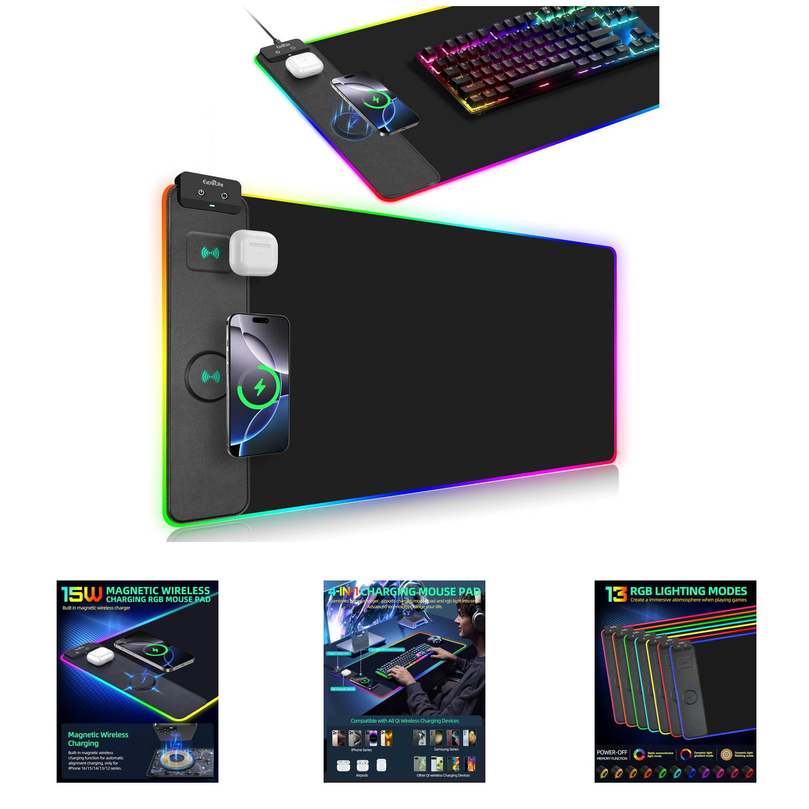 Wireless Charging Mouse Pad RGB Gaming Desk Mat 31.5x15.7 Inch Compatible iPhone