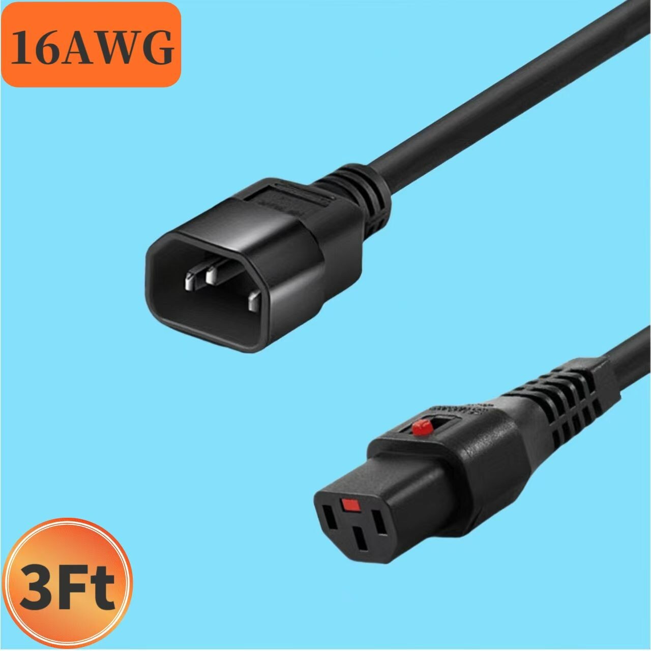 IEC320 C14 to C13 with Lock Power Extension Cable Cord 10A/250V  16AWG Black