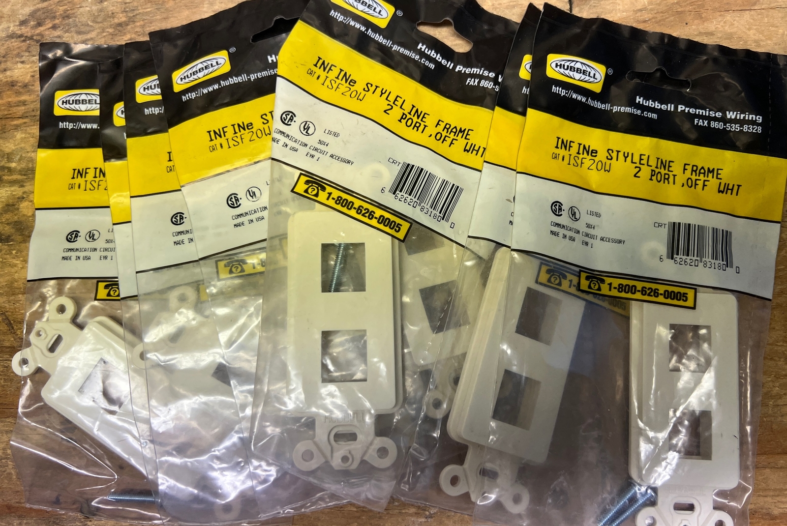 LOT OF 7 HUBBELL ISF20W PLATE, DECORATOR FRAME, 2 PORT WHITE, OUTLET BOX COVERS