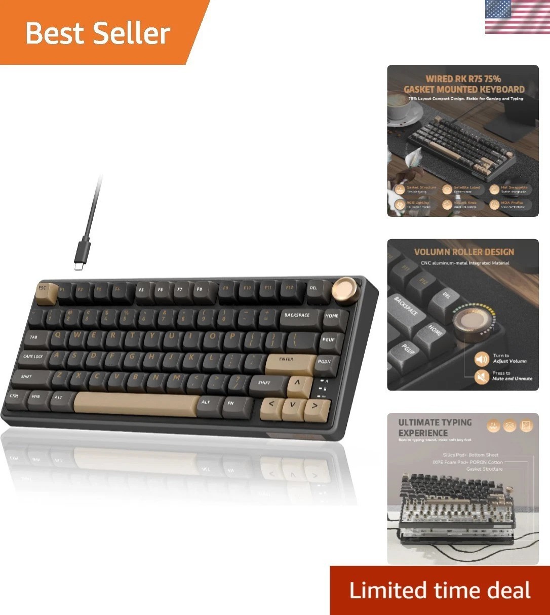 Stylish R75 Wired Mechanical Keyboard with Volume Control & Customizable RGB