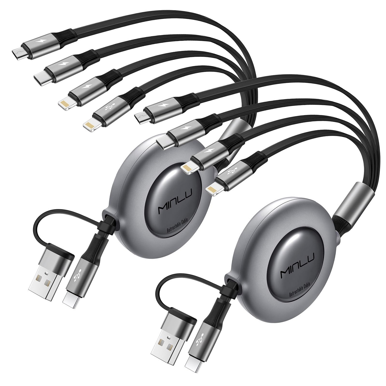 4 in 2 Multi Charging Cable 4A,Retractable USBA/C Universal Charger 4Ft, Grey