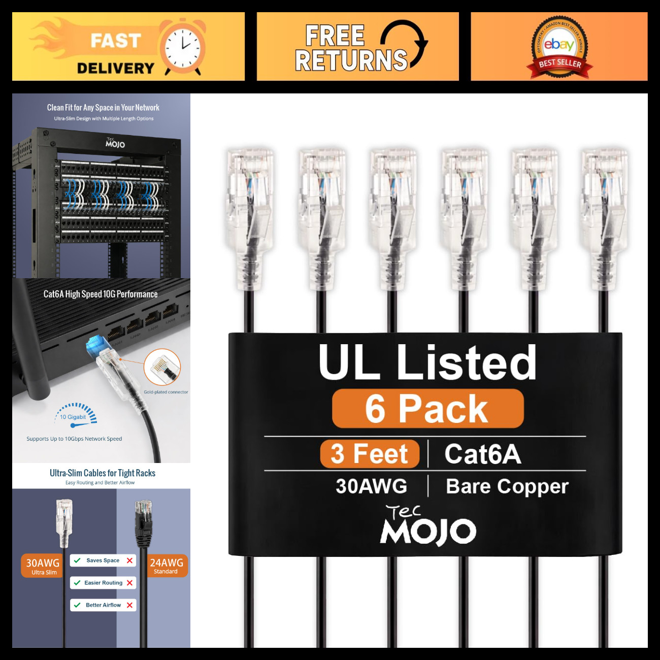 Ultra Slim Cat6A Ethernet Cable 3FT, 23AWG, 6-Pack, High-Speed, Black