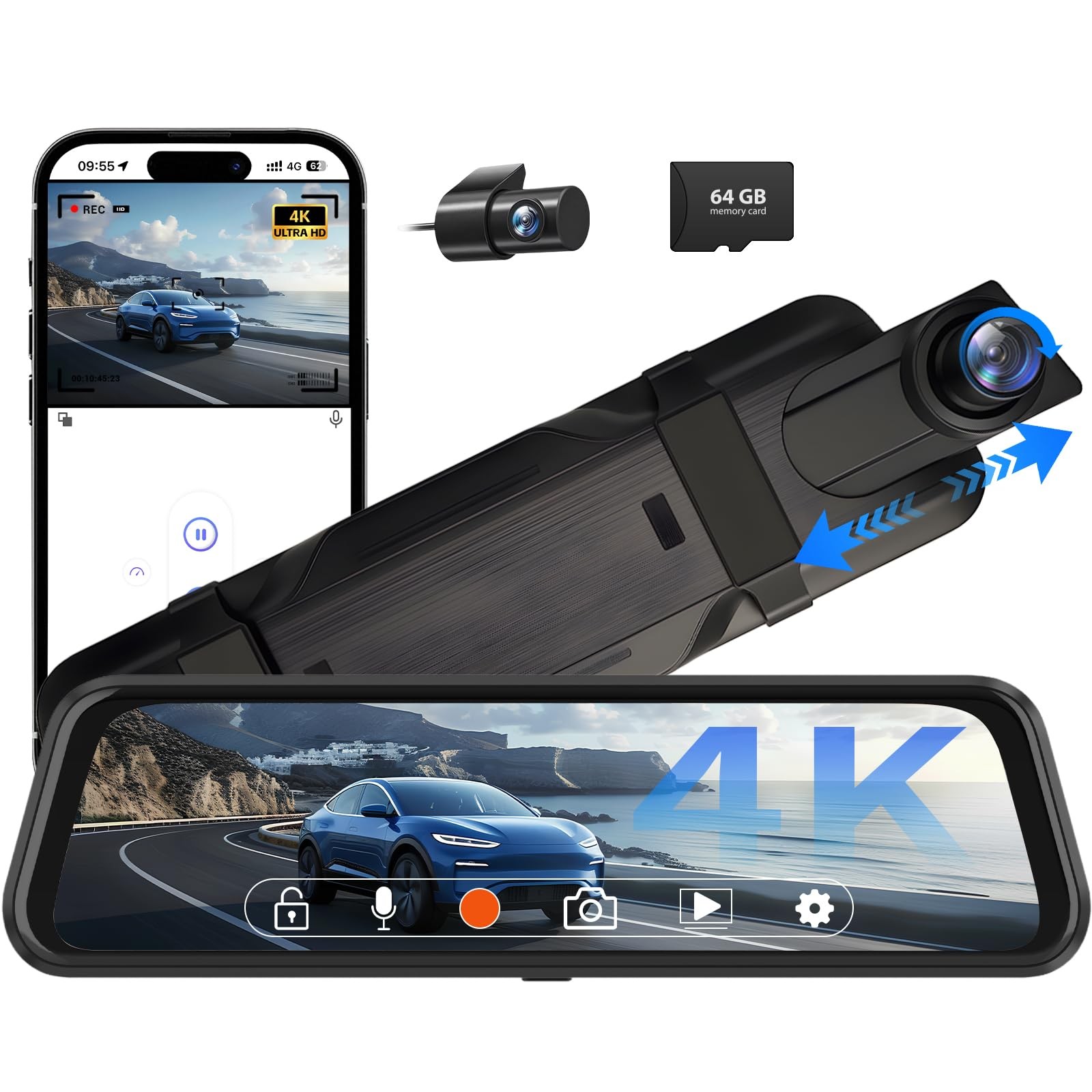4K Rear View Mirror Camera, 10" Mirror Dash Cam Front and Rear