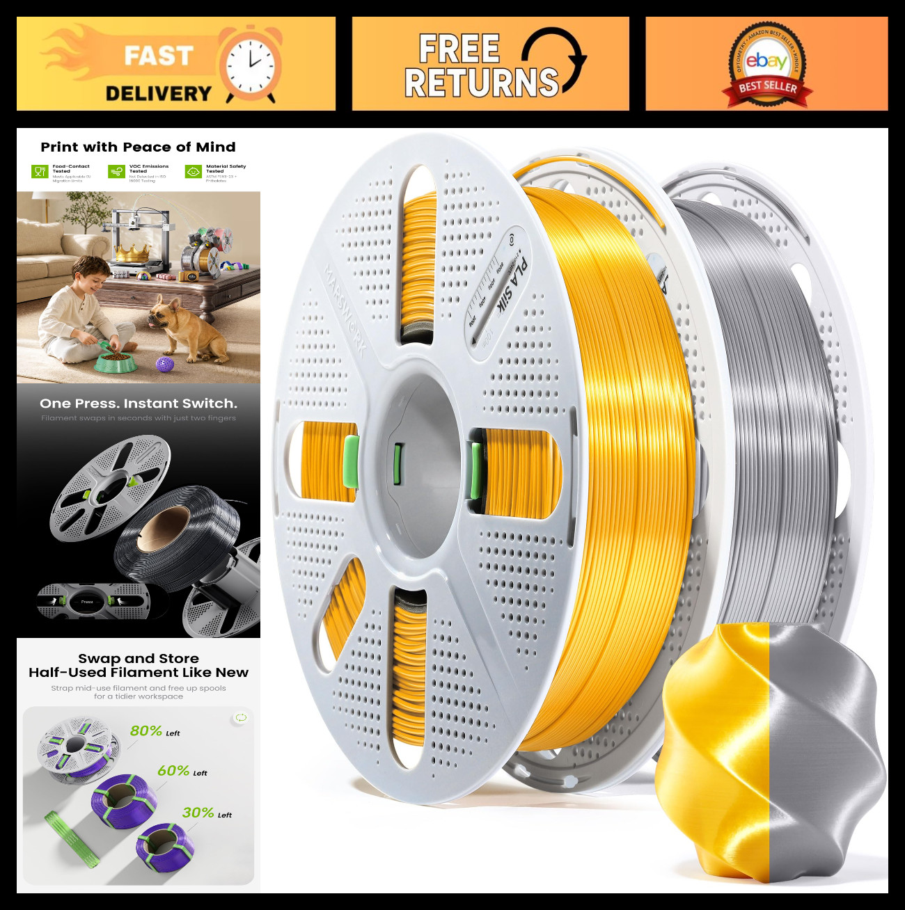 Silk PLA Gold Silver 3D Printer Filament, Pre-Dried, Reusable Spool, High Qualit