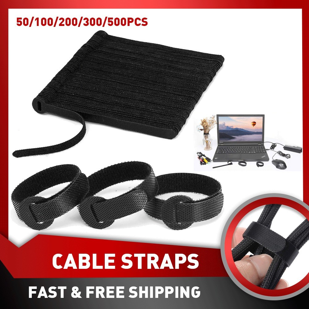 Fastening Straps Cable Wire Cord Hook Loop Ties Black Reusable Organizer 100x