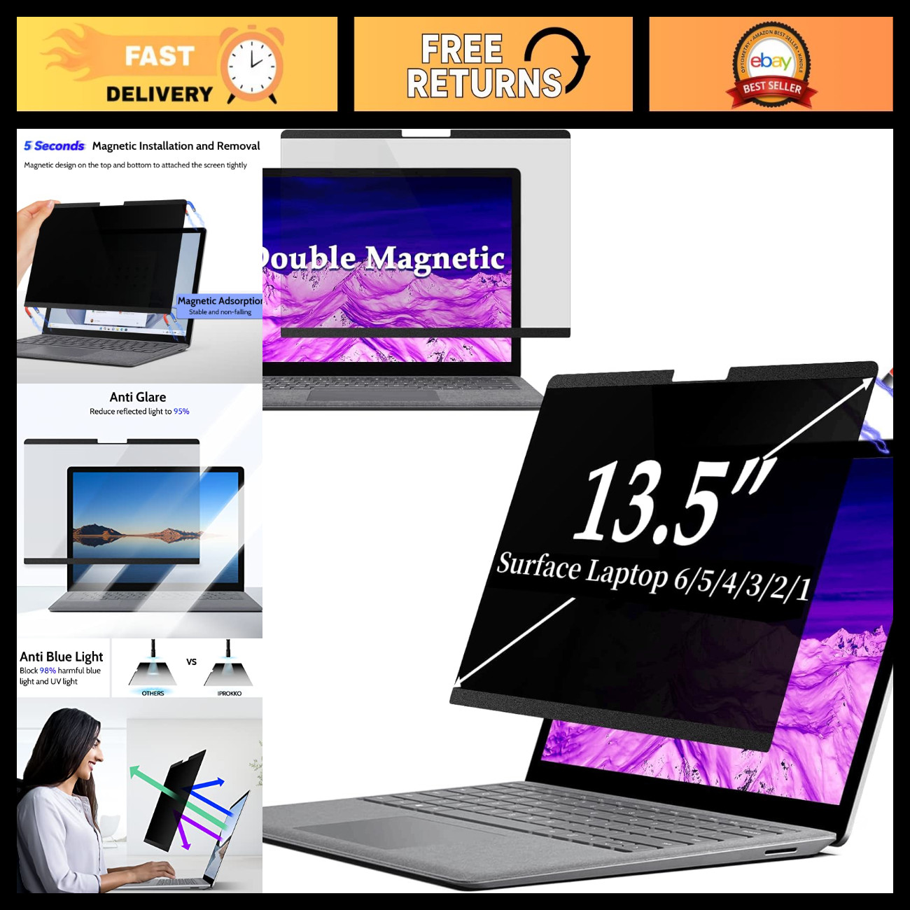 Magnetic Removable Privacy Screen Filter for 13.5" Surface Laptop - Anti-Glare,