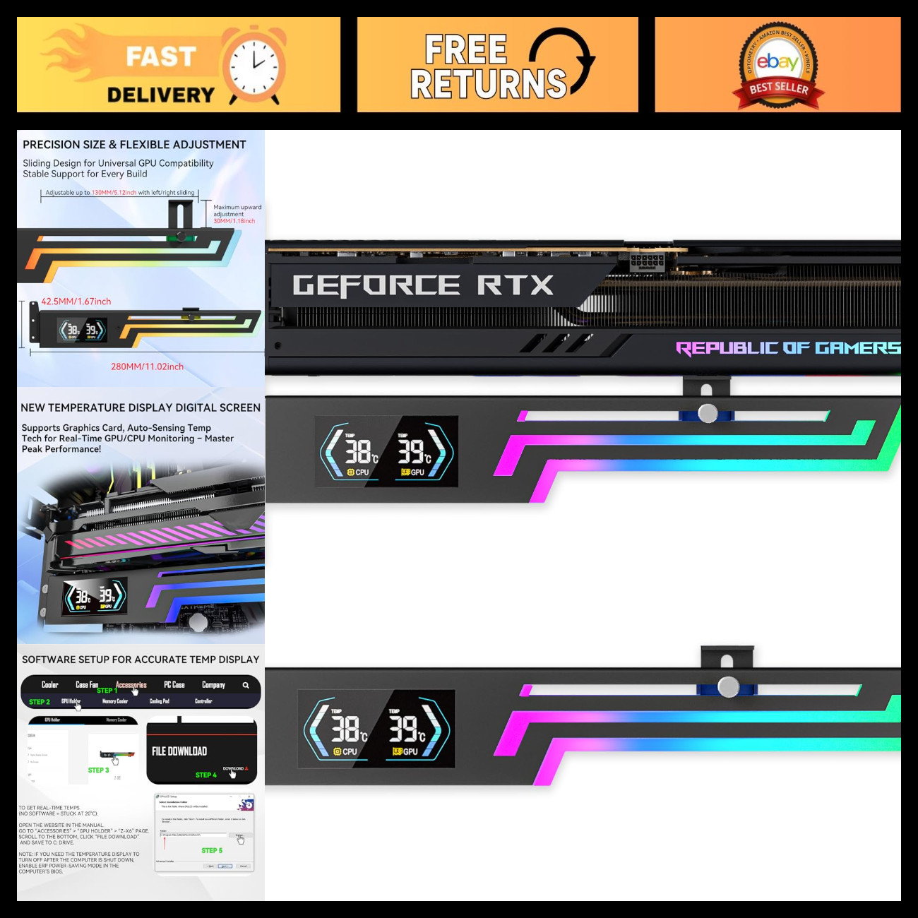 Adjustable GPU Support Bracket with Temp Display & RGB Lighting - Universal Grap