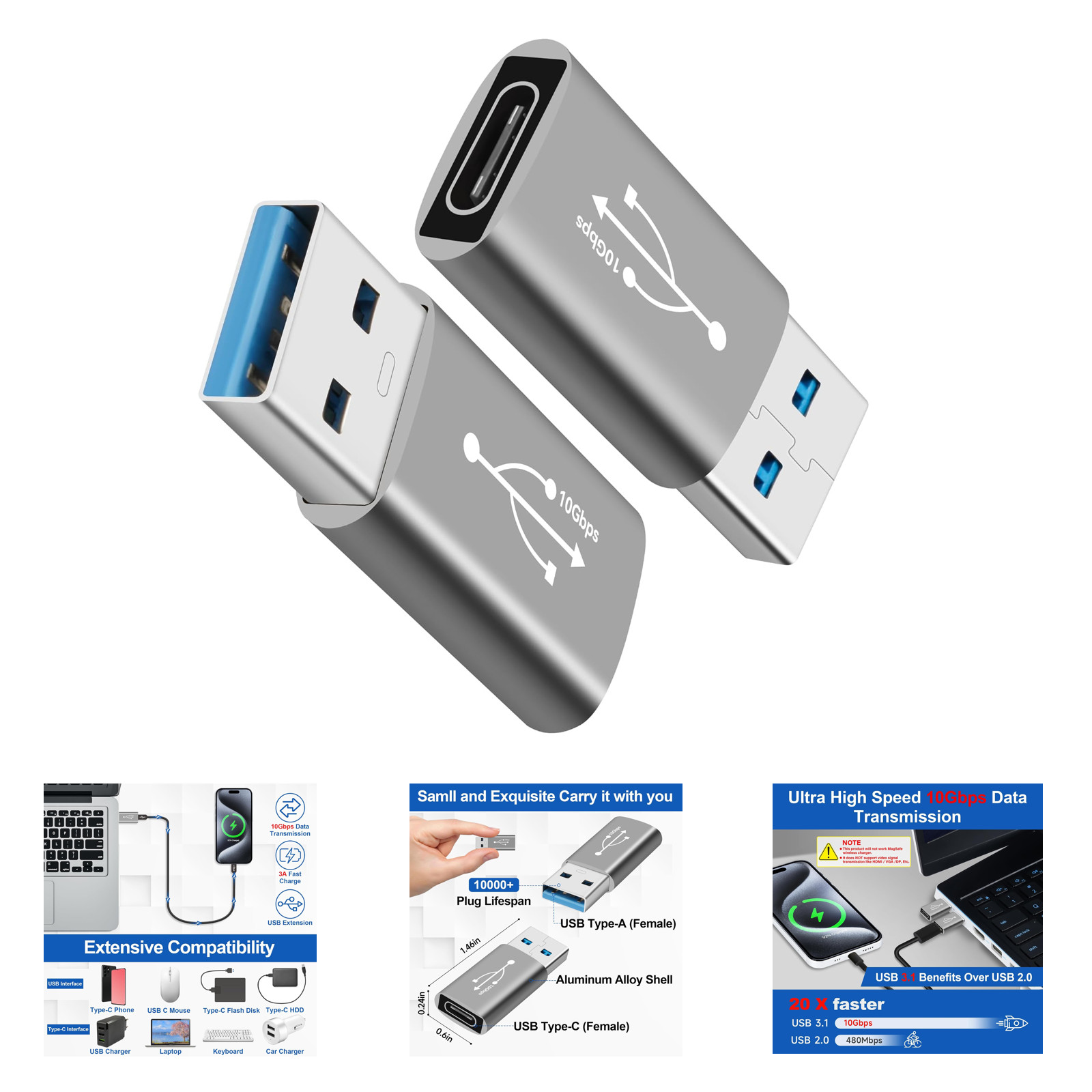 USB 3.0 to USB C Adapter 2 Pack, 10Gbps Data Transfer, USB A Male to USB C
