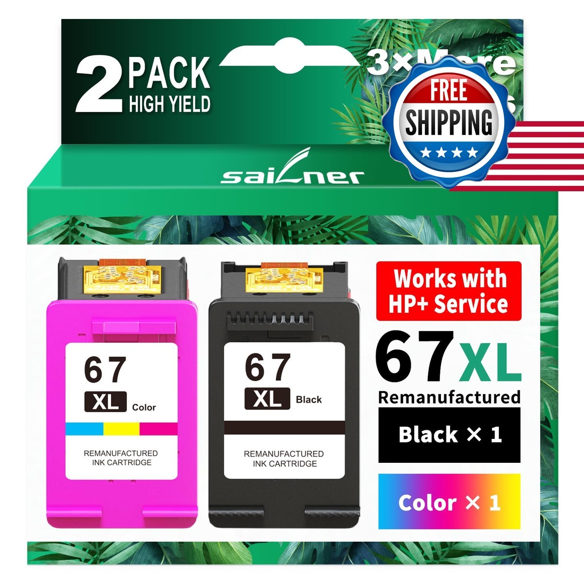 SAILNER 67XL Ink Cartridges Black/Color Combo Pack Replacement for HP 67 67XL