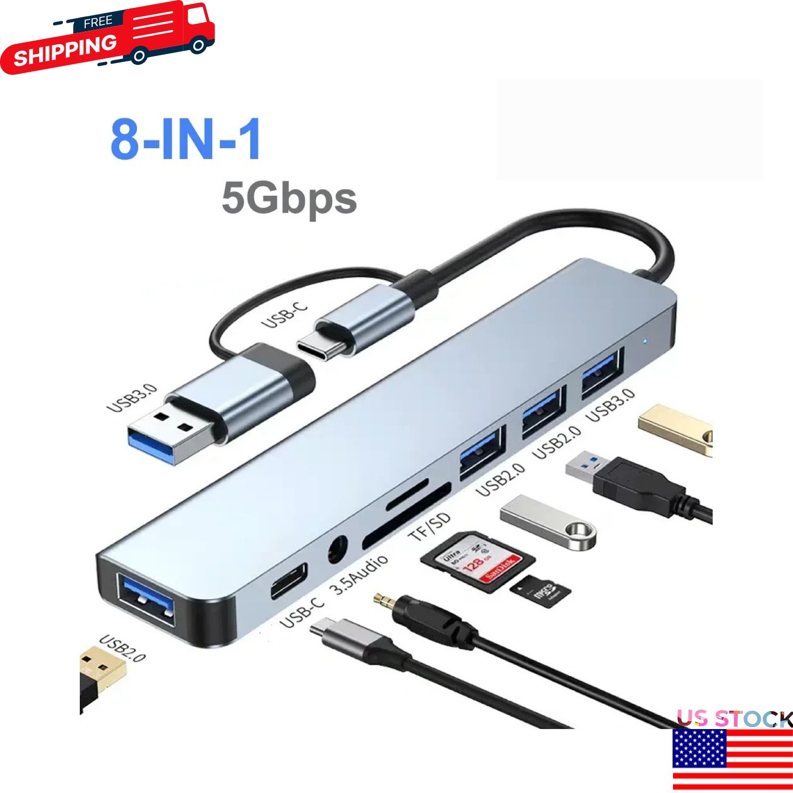 7/8 Port USB-C Hub Adapter - 5G Speed Multi Splitter for PC, Laptop & MacBook US