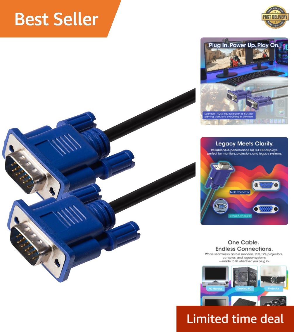 5ft VGA Cable, High Speed 1920x1080 FHD 60Hz, Male-to-Male 1.5m Length Genuin...
