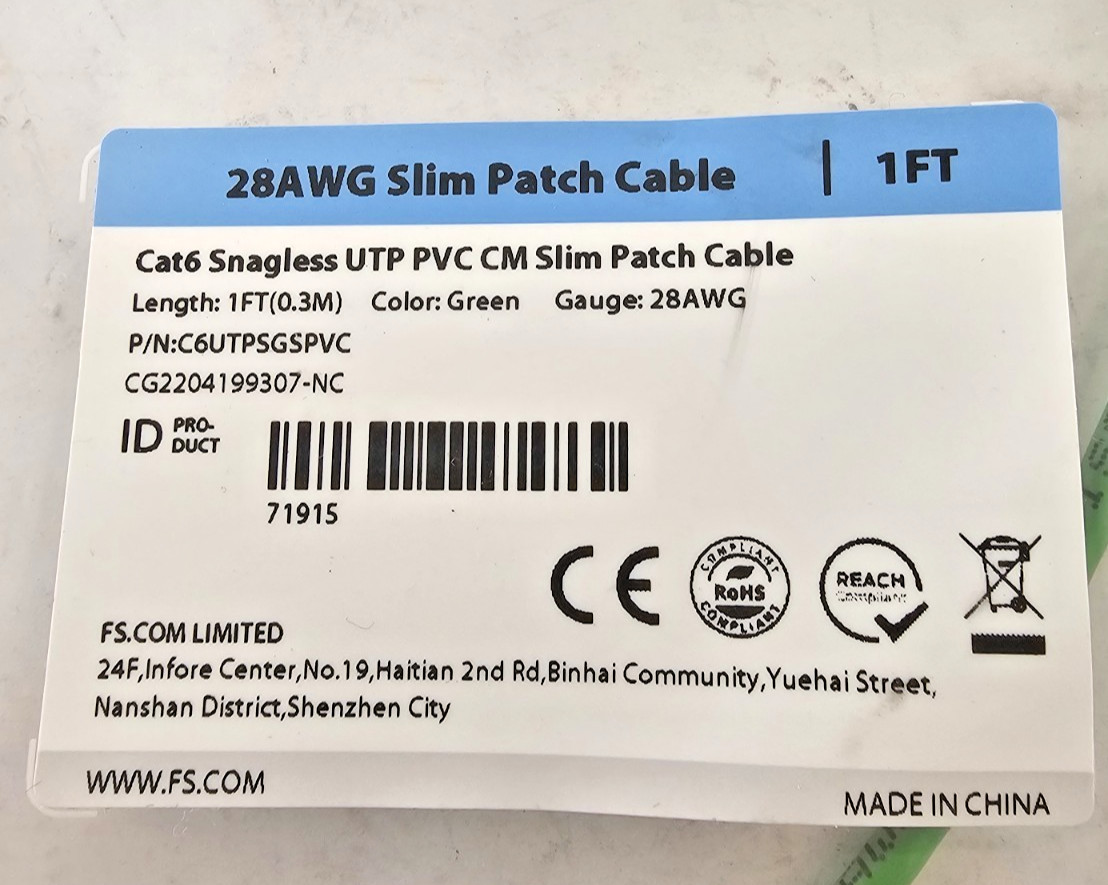 FS Cat6 28AWG Slim Patch Cable C6URPSGSPVC 1ft, Pack Of 6
