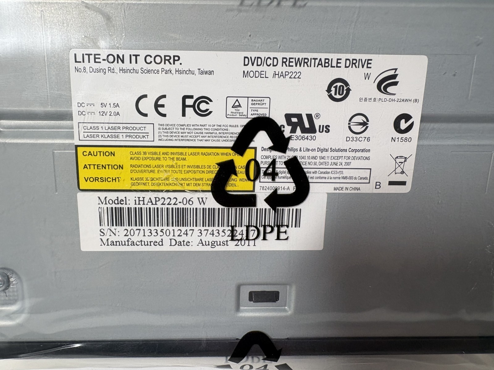 Lite-on-it Corp DVD/CD Rewritable Drive Model iHAP222-06 W New with Disc Vintage