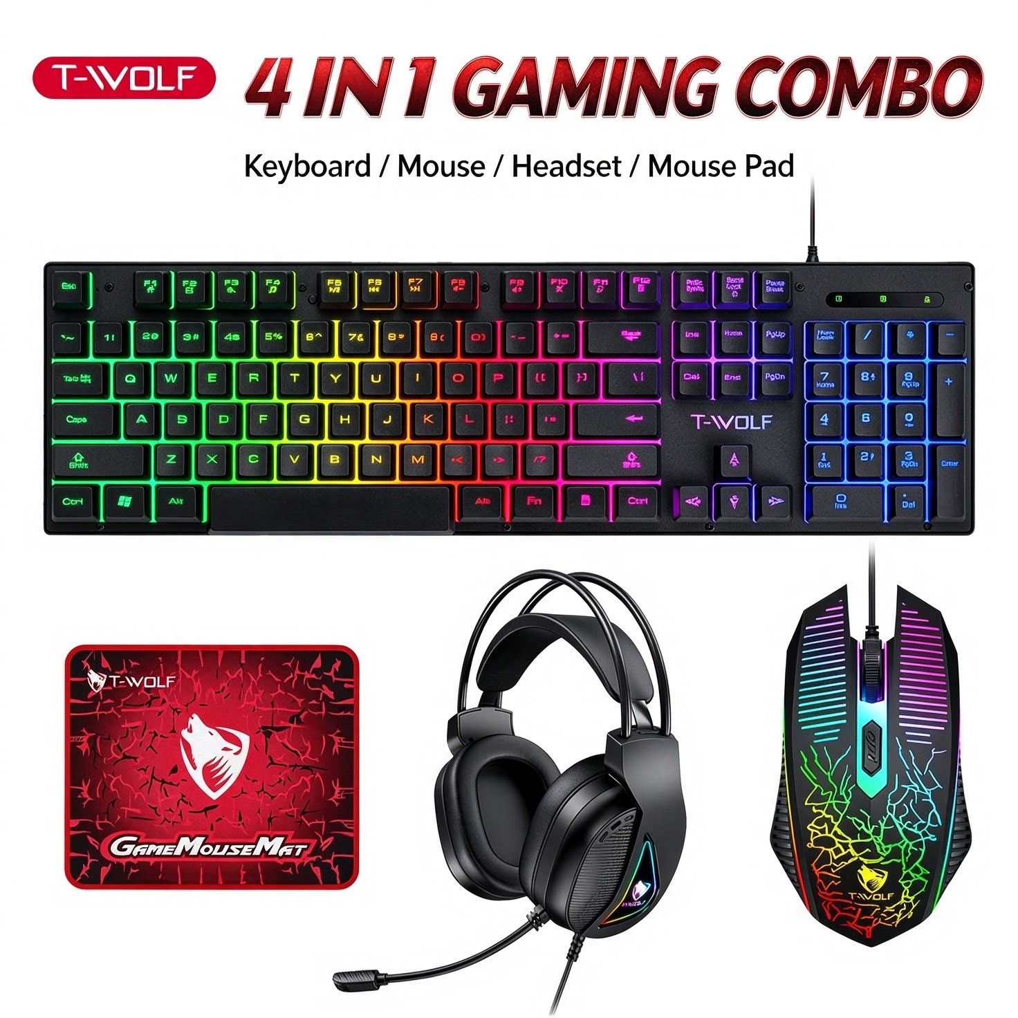 RGB PC Gaming Keyboard Mouse & Headset Set LED Gamer Bundle Mechanical Kits 4in1