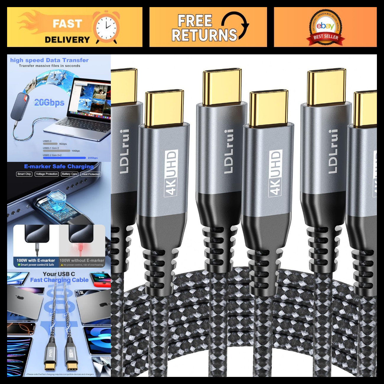 4K USB C Display Cable 6FT 3-Pack, 20Gbps USB 3.2 Gen 2x2, 100W Power Delivery