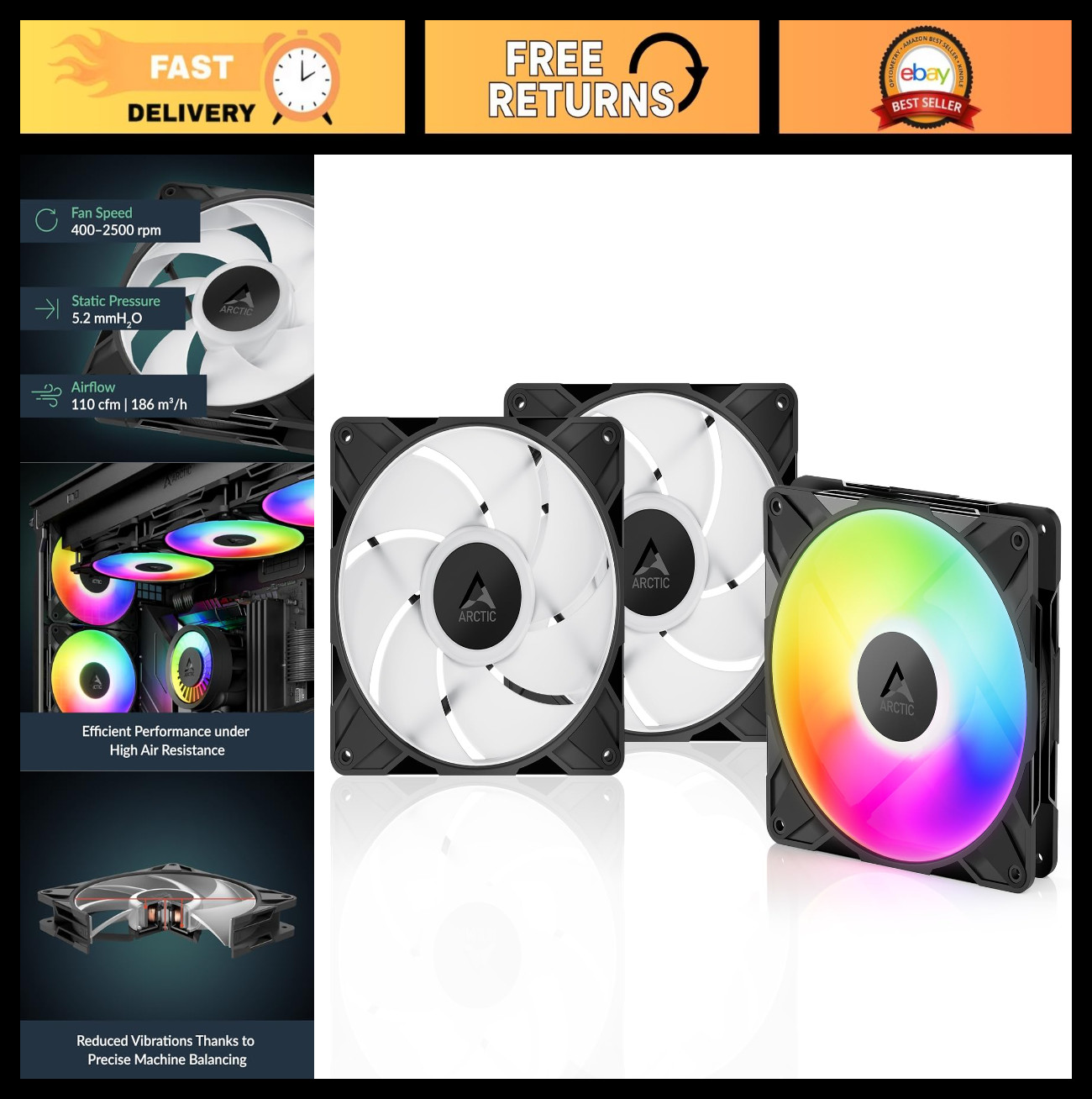 140mm PWM RGB Fans 3-Pack - High Performance, 400-2500 RPM, Fluid Dynamic Bearin