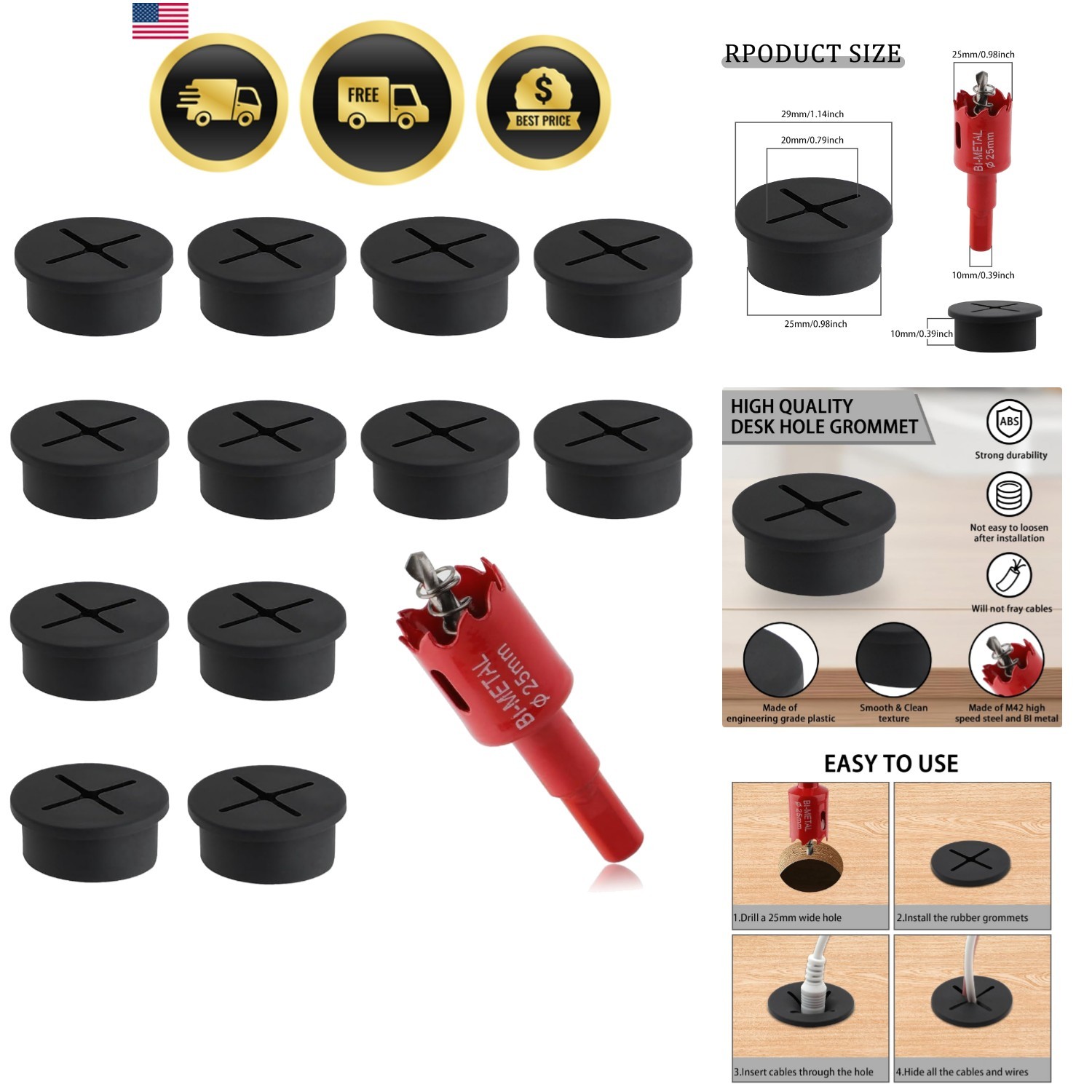 1 Inch（25mm Desk Grommet, 13 Pieces Wire Grommet, Desk Hole Cover for Cables ...