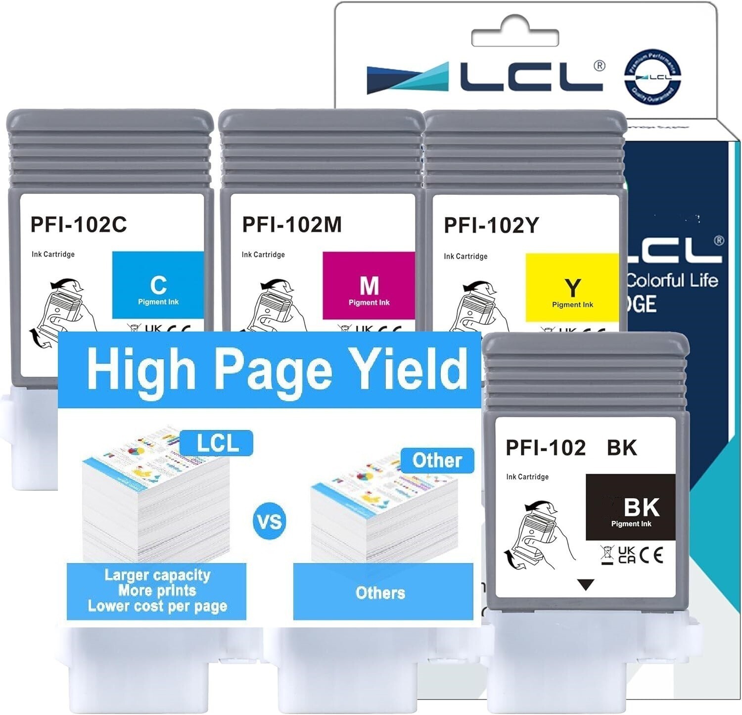 GENUINE LCL 130ml Ink Cartridges Replacement Canon PFI102 PFI-102 BK M Y X4 LOT