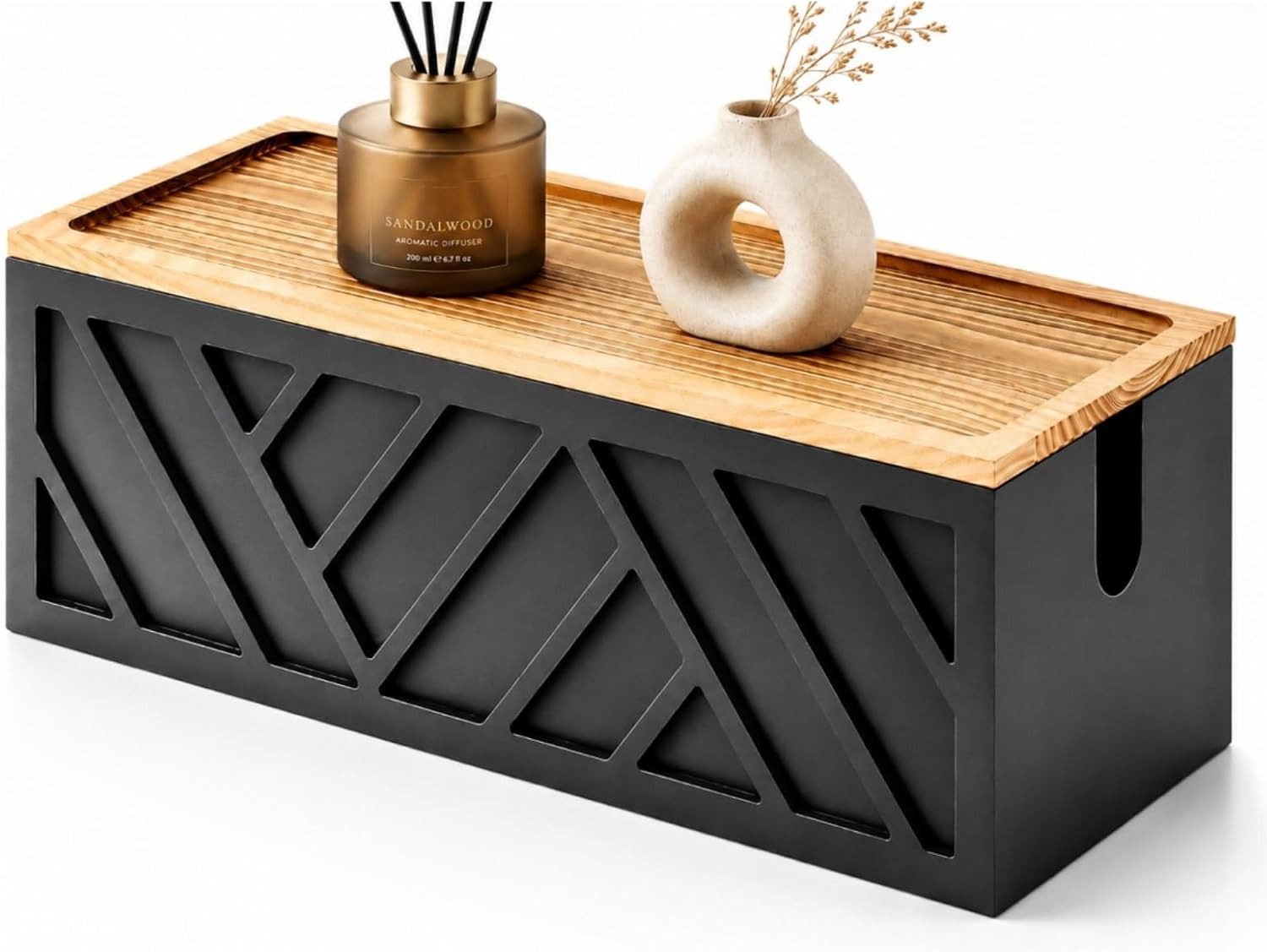 Large Wooden Cable Management Box, Geometric, Black