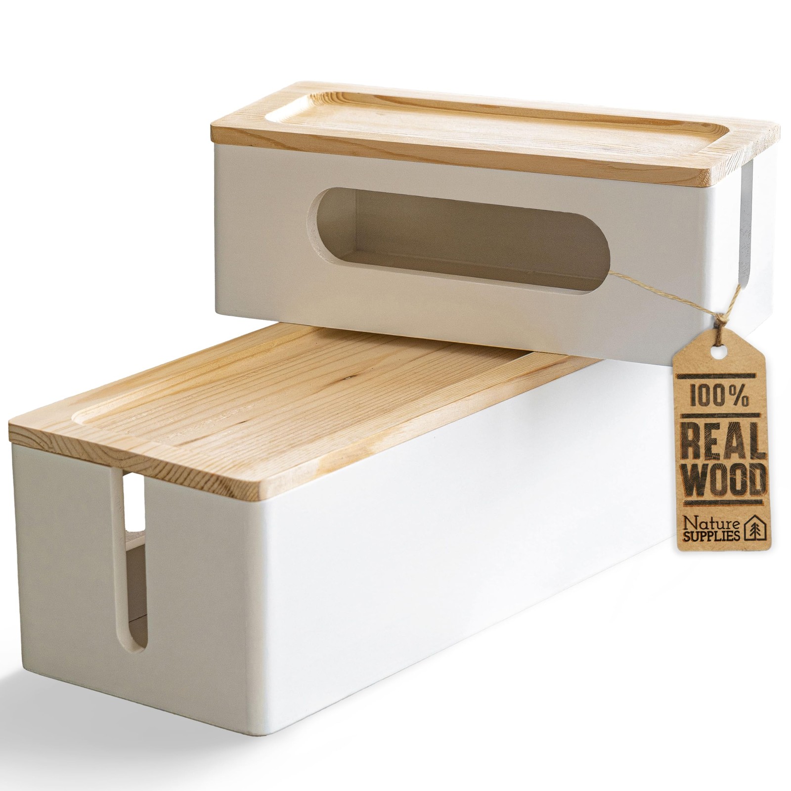 NATURE SUPPLIES Set of 2, Wood Cable Management Boxes, Large and Medium Cord Org