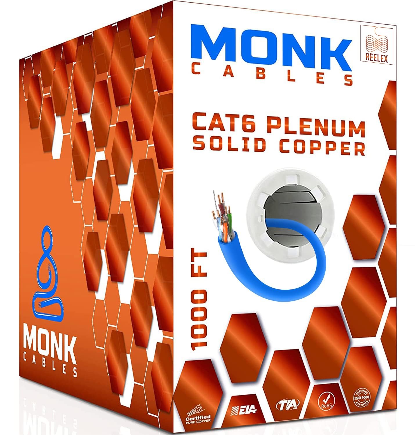 MONK CABLES | CAT 6 Ethernet Cable 1000ft | 100% Pure Bare Solid 1000ft, Blue