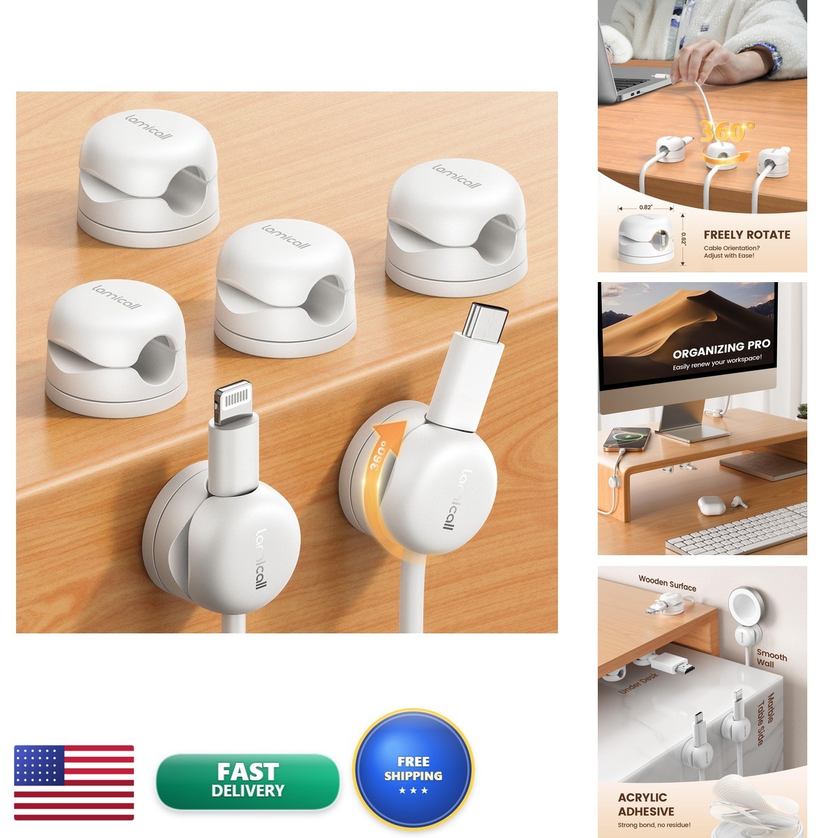 Lamicall 6 Pack Rotatable Cord Organizer, 1s Lock Spring Cable Clips STRK06-W