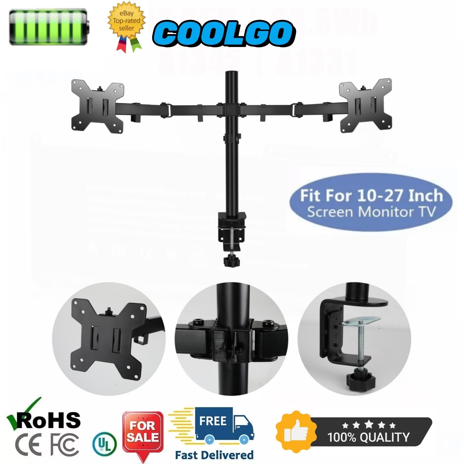 Double Dual Display Computer Monitor Arm Mount Desk Stand 13-27" Screen LED LCD