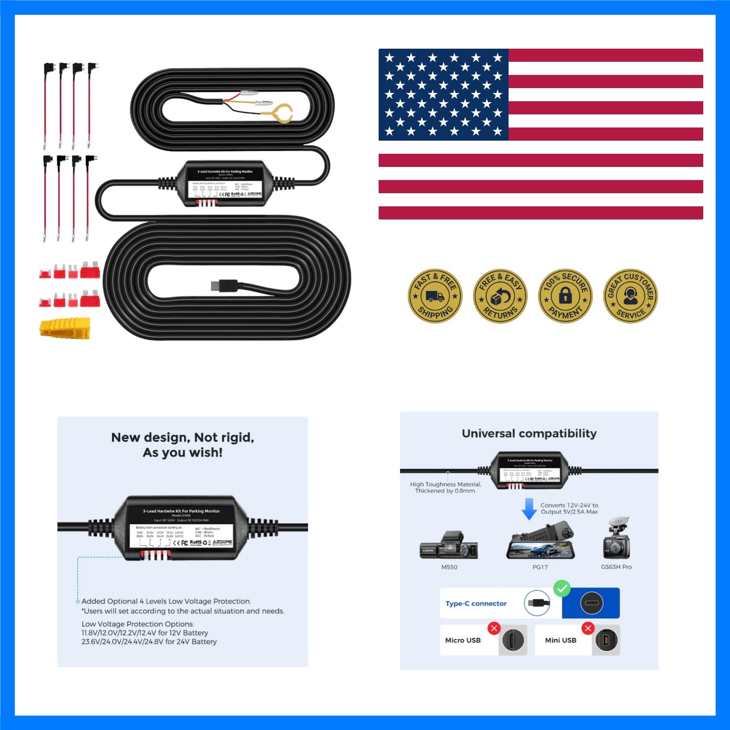 3-Lead Acc Hardwire Kit Type-C USB Port, 12ft | For M550 M01Pro PG17 GS63HPro...