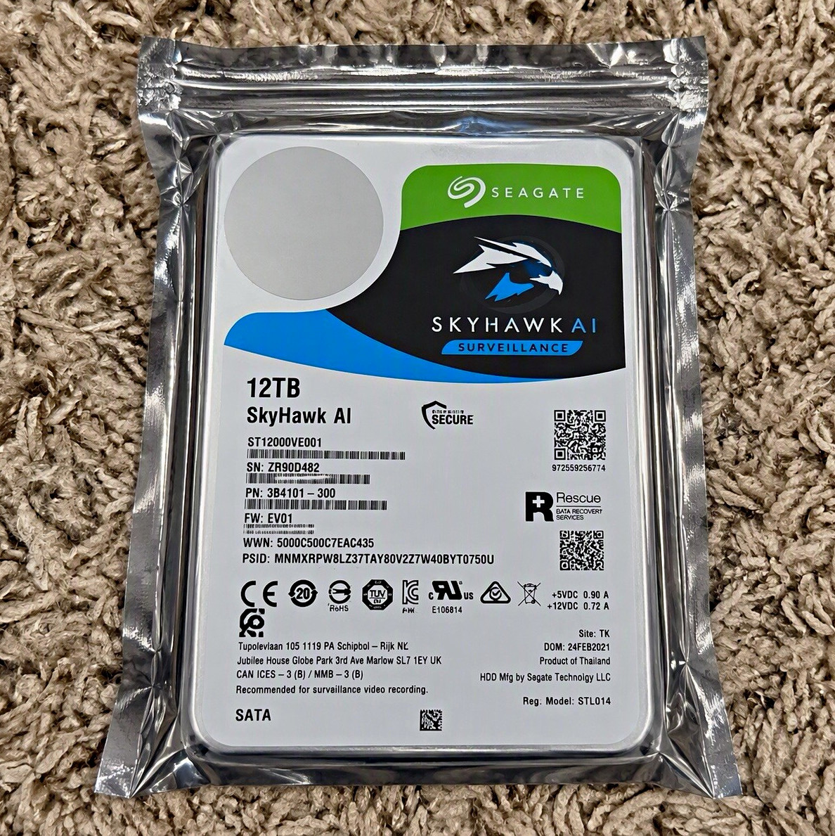 Seagate SkyHawk AI 12TB 3.5" SATA Internal HDD 7200RPM 256MB ST12000VE001