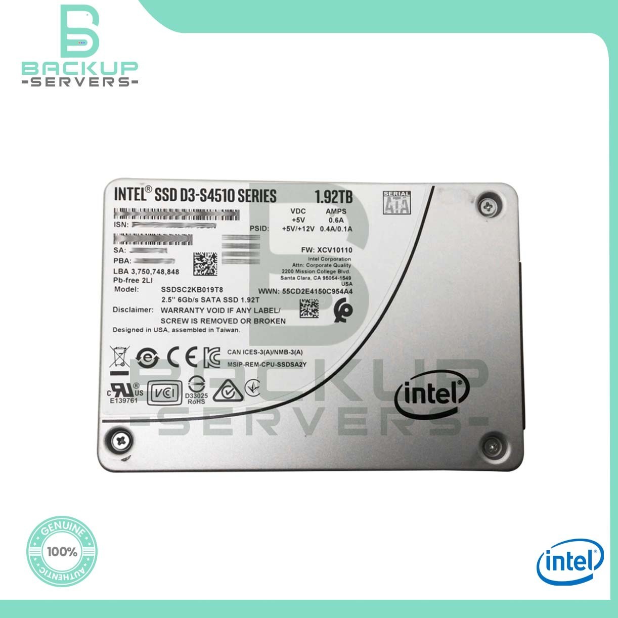 SSDSC2KB019T8 Intel DC S4510 1.92TB 6Gbps TLC SATA 2.5" Solid State Drive