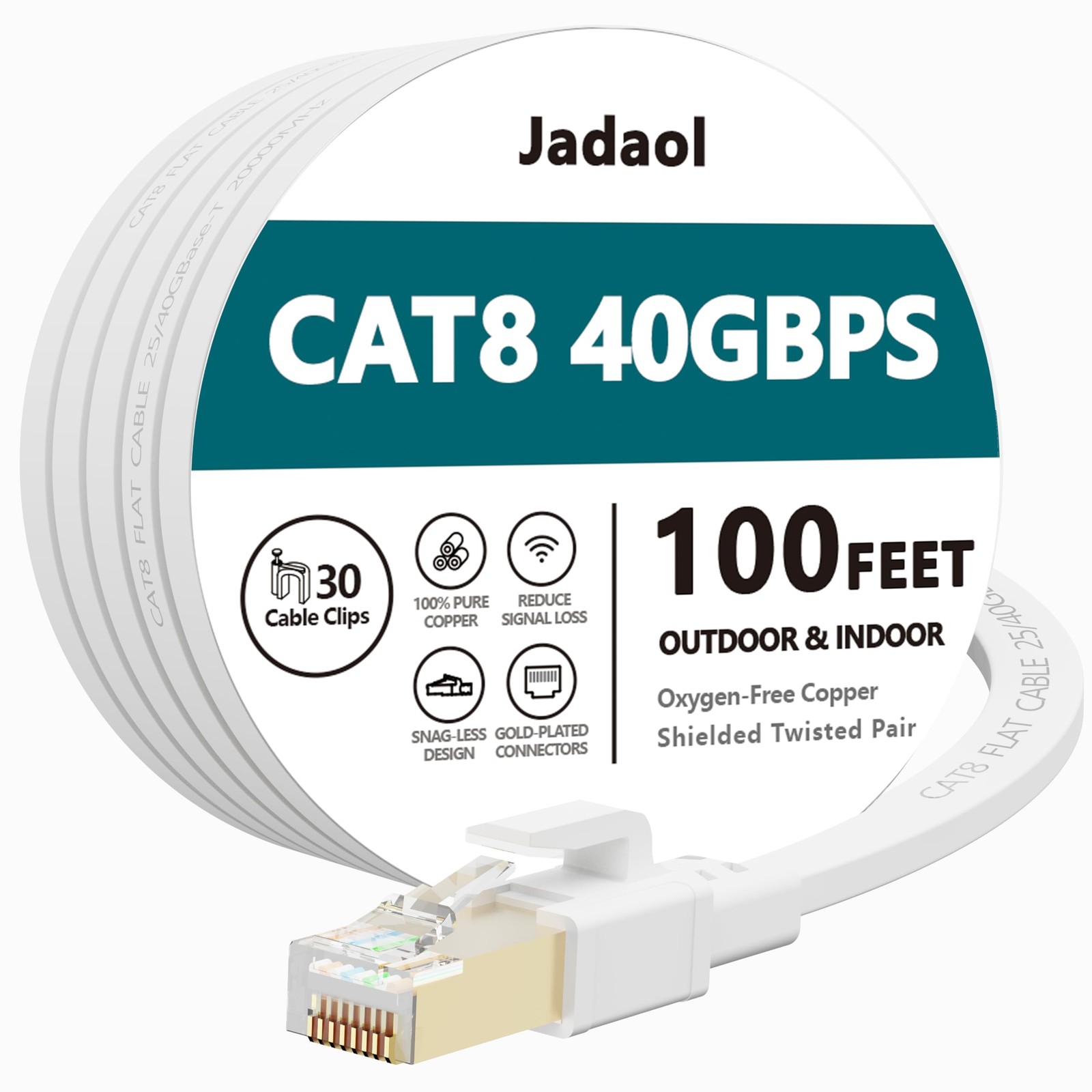 1 PCS 100 Ft Cat 8 Flat Ethernet Cable 40Gbps 2000MHz S/FTP LAN Cord White