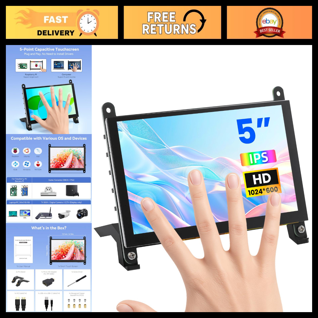 5" Touchscreen Monitor for Raspberry Pi 5/4/3, 1024x600 IPS, 5-Point Touch, Plug
