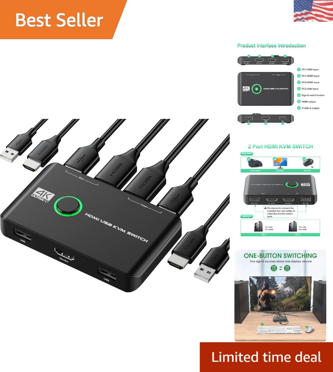 4K HDMI KVM Switch Box for 2 Computers - USB, Plug-and-Play & Compact Design