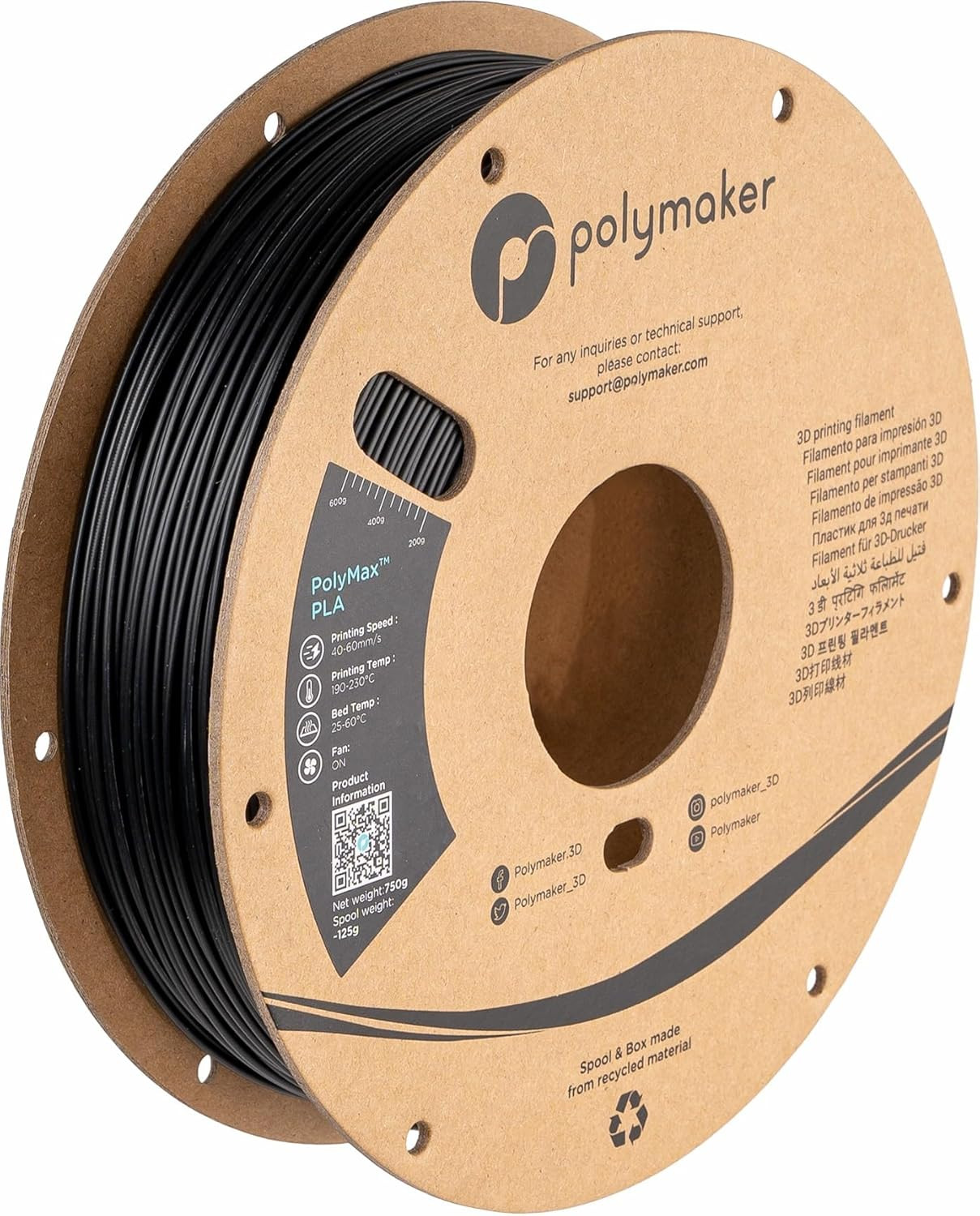 Polymax Tough PLA 3D Printer Filament 1.75Mm 0.75Kg Black, Polymax 3D Printing P